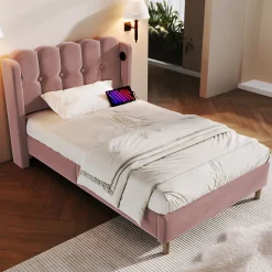 Lit 90x200 cm tapisse velours rose avec tete de lit rembourree et prise USB Type C integree