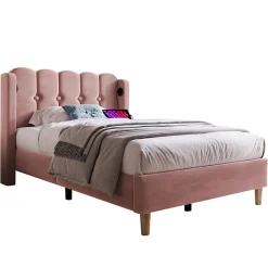 Lit 90x200 cm tapisse velours rose avec tete de lit rembourree et prise USB Type C integree