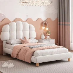 Lit 90x200 cm tapisse velours blanc, tete demi cercle reglable et cadre MDF robuste et securisant