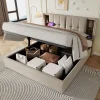 Lit 160x200 cm tete de lit avec rangement et ports USB Type C, tapisse lin, coffre a verins