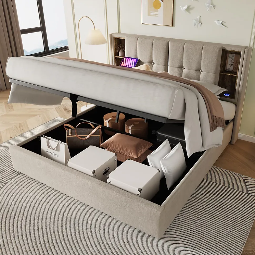 Lit 160x200 cm tete de lit avec rangement et ports USB Type C, tapisse lin, coffre a verins