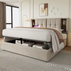 Lit 160x200 cm tete de lit avec rangement et ports USB Type C, tapisse lin, coffre a verins