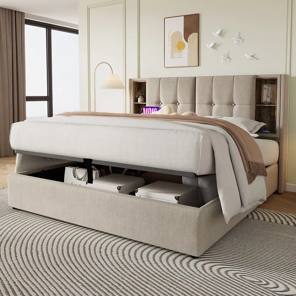 Lit 160x200 cm tete de lit avec rangement et ports USB Type C, tapisse lin, coffre a verins