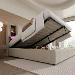 Lit 160x200 cm tete de lit avec rangement et ports USB Type C, tapisse lin, coffre a verins