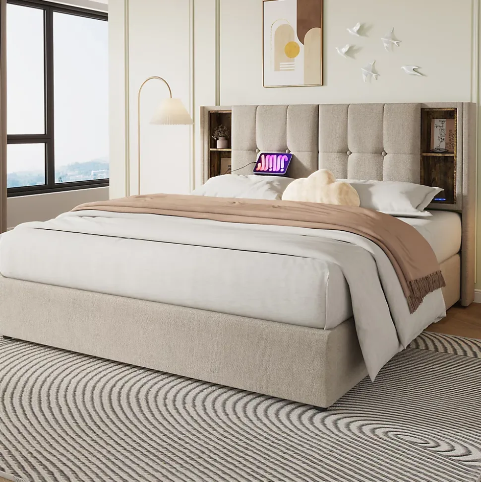 Lit 160x200 cm tete de lit avec rangement et ports USB Type C, tapisse lin, coffre a verins