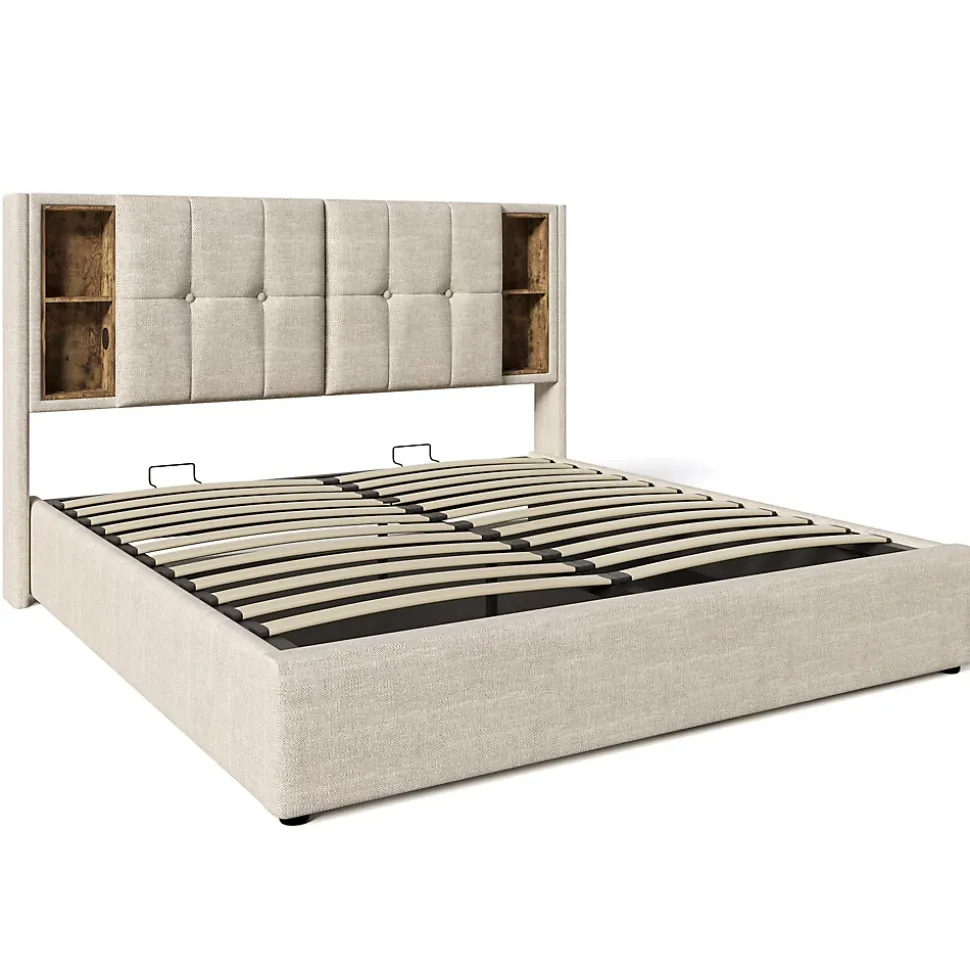 Lit 160x200 cm tete de lit avec rangement et ports USB Type C, tapisse lin, coffre a verins