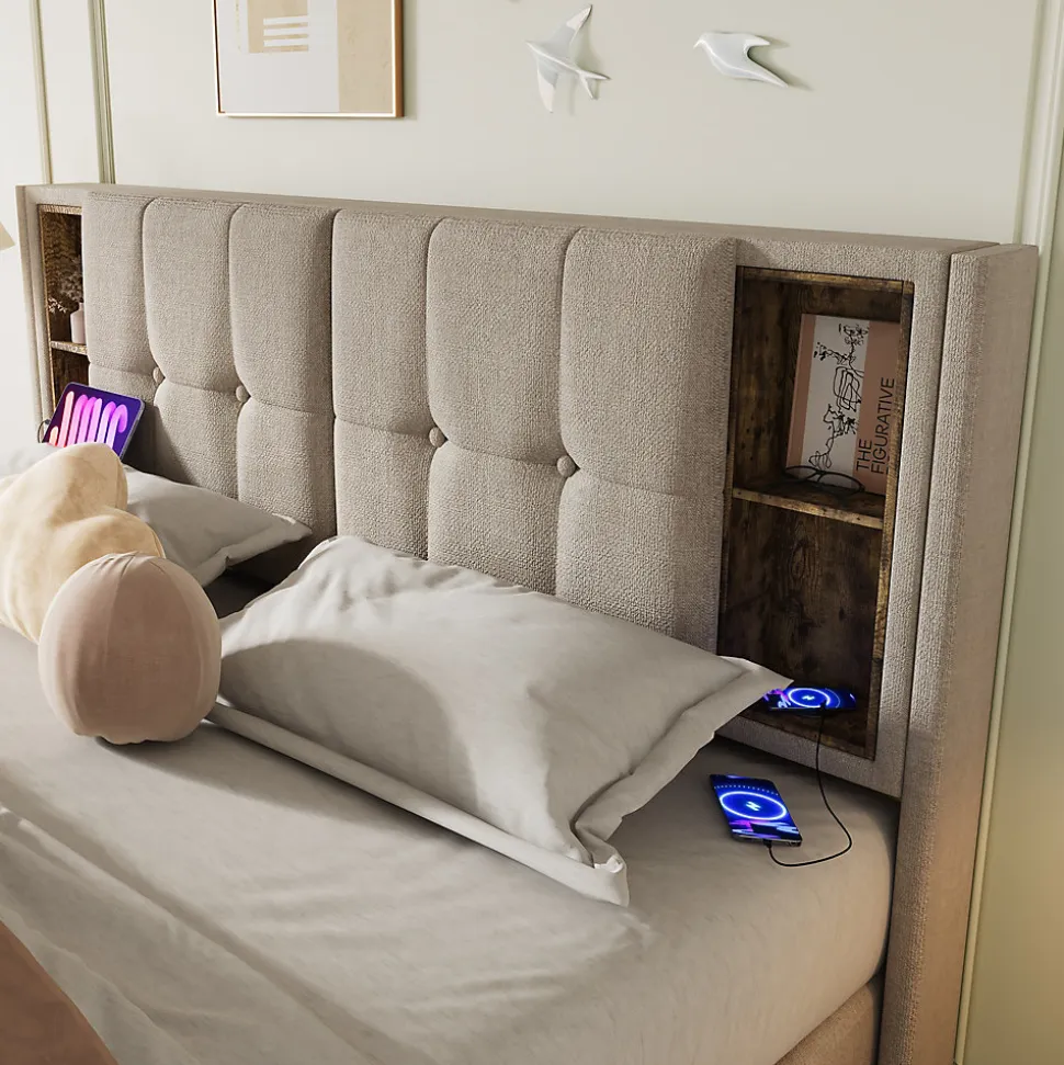 Lit 160x200 cm tete de lit avec rangement et ports USB Type C, tapisse lin, coffre a verins