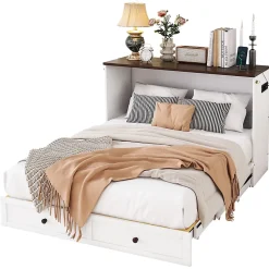 Lit 140x200 cm transformable en armoire, avec tiroirs de grande capacité, tête étagère et prises USB, blanc