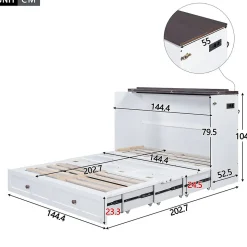 Lit 140x200 cm transformable en armoire, avec tiroirs de grande capacité, tête étagère et prises USB, blanc