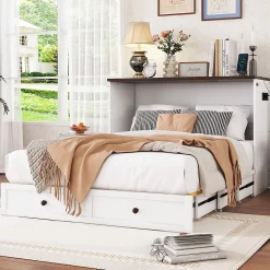 Lit 140x200 cm transformable en armoire, avec tiroirs de grande capacité, tête étagère et prises USB, blanc