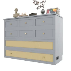 Lit 140x200 cm transformable en armoire, avec tiroirs de rangement et prise USB intégrée, finition grise MDF