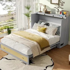 Lit 140x200 cm transformable en armoire, avec tiroirs de rangement et prise USB intégrée, finition grise MDF