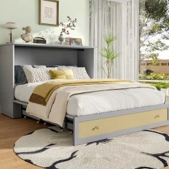 Lit 140x200 cm transformable en armoire, avec tiroirs de rangement et prise USB intégrée, finition grise MDF