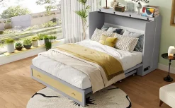 Lit 140x200 cm transformable en armoire, avec tiroirs de rangement et prise USB intégrée, finition grise MDF
