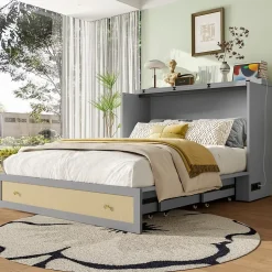 Lit 140x200 cm transformable en armoire, avec tiroirs de rangement et prise USB intégrée, finition grise MDF