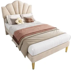 Lit 90x200 cm tête coquillage réglable, pieds métal doré, velours beige et sommier à lattes bois