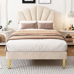 Lit 90x200 cm tête coquillage réglable, pieds métal doré, velours beige et sommier à lattes bois