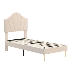 Lit 90x200 cm tête coquillage réglable, pieds métal doré, velours beige et sommier à lattes bois