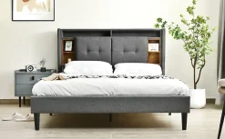 Lit 140x200 cm tête de lit avec rangement, ports USB et éclairage LED, cadre bois massif et tissu lin gris