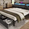 Lit 140x200 cm tête de lit avec rangement et tiroirs, cadre métal et tissu lin gris, LED et station USB