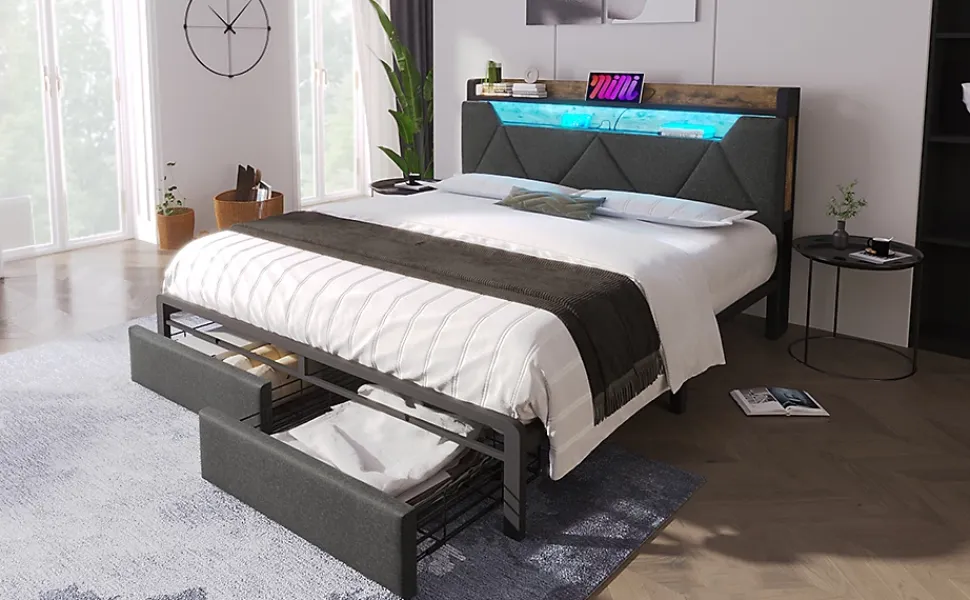 Lit 140x200 cm tête de lit avec rangement et tiroirs, cadre métal et tissu lin gris, LED et station USB