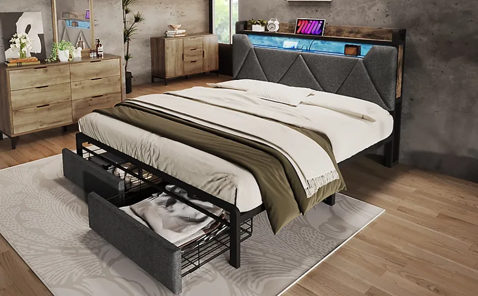 Lit 140x200 cm tête de lit avec rangement et tiroirs, cadre métal et tissu lin gris, LED et station USB