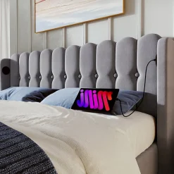 Lit 160x200 cm tête de lit capitonnée avec ports USB et Type-C, cadre tapissé lin gris