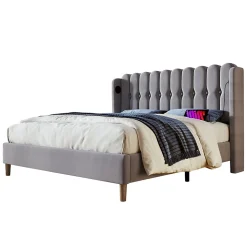 Lit 160x200 cm tête de lit capitonnée avec ports USB et Type-C, cadre tapissé lin gris