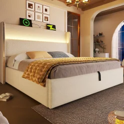 Lit 180x200 cm tête de lit haute tapissée lin, coffre de rangement hydraulique et éclairage LED intégré