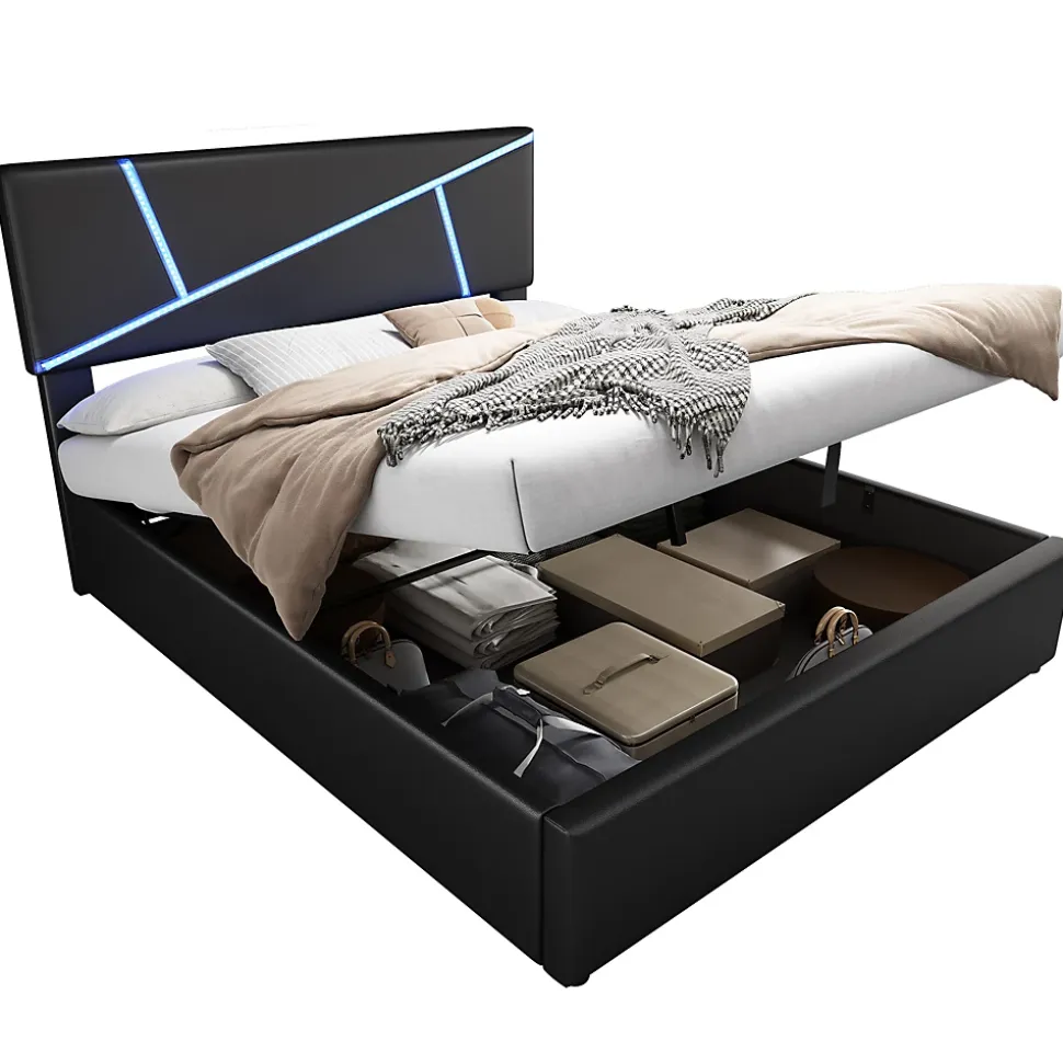 Lit 140x200 cm tête de lit rembourrée avec éclairage LED pilotable et coffre hydraulique, revêtement PU noir