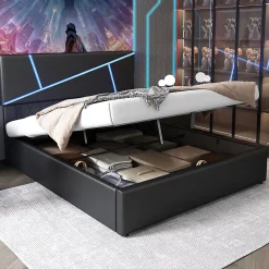 Lit 140x200 cm tête de lit rembourrée avec éclairage LED pilotable et coffre hydraulique, revêtement PU noir