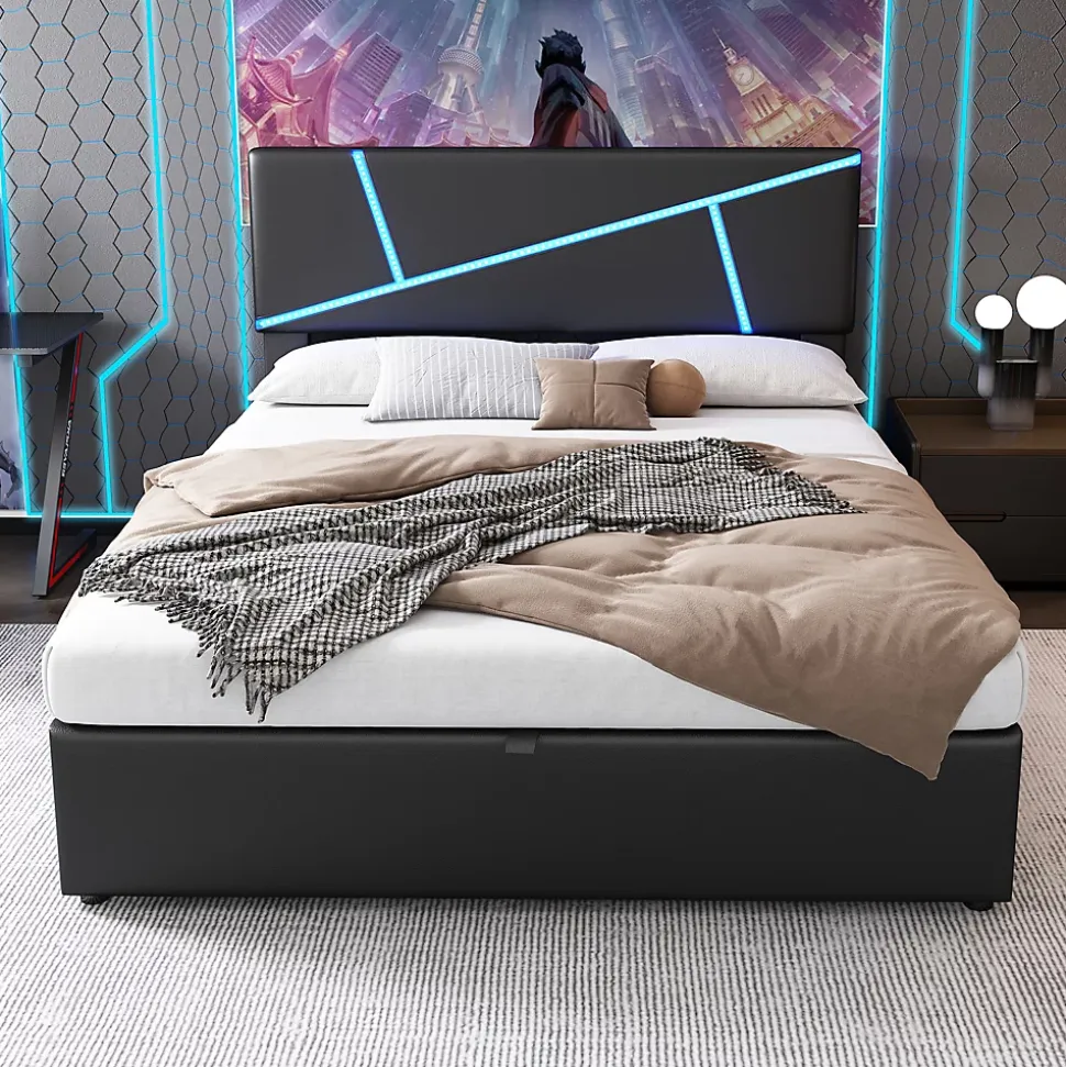 Lit 140x200 cm tête de lit rembourrée avec éclairage LED pilotable et coffre hydraulique, revêtement PU noir