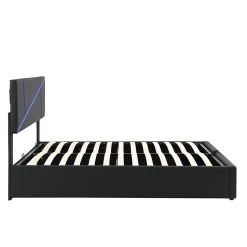 Lit 140x200 cm tête de lit rembourrée avec éclairage LED pilotable et coffre hydraulique, revêtement PU noir