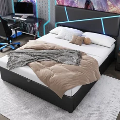 Lit 140x200 cm tête de lit rembourrée avec éclairage LED pilotable et coffre hydraulique, revêtement PU noir