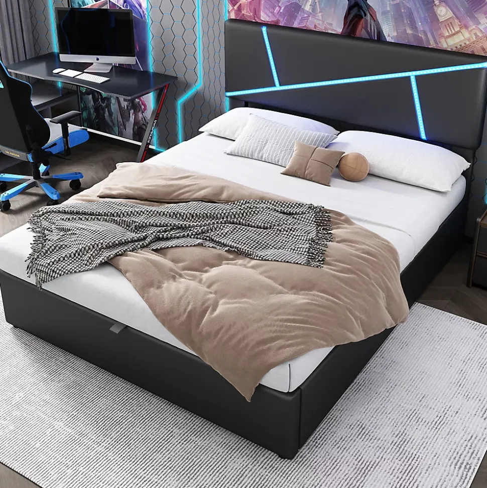 Lit 140x200 cm tête de lit rembourrée avec éclairage LED pilotable et coffre hydraulique, revêtement PU noir
