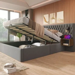 Lit 180x200 cm, tête de lit velours gris et rangement hydraulique, deux chevets finition bois avec USB/Type-C