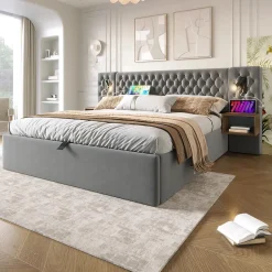 Lit 180x200 cm, tête de lit velours gris et rangement hydraulique, deux chevets finition bois avec USB/Type-C