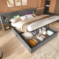 Lit 180x200 cm, tête de lit velours gris et rangement hydraulique, deux chevets finition bois avec USB/Type-C