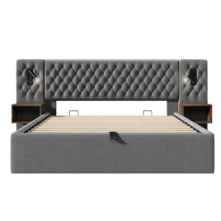 Lit 180x200 cm, tête de lit velours gris et rangement hydraulique, deux chevets finition bois avec USB/Type-C