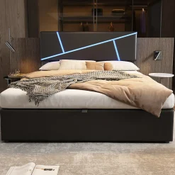 Lit 90x200 cm tête rembourrée LED contrôlable, rangement hydraulique, PU noir, sommier 13 lattes