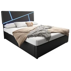 Lit 90x200 cm tête rembourrée LED contrôlable, rangement hydraulique, PU noir, sommier 13 lattes