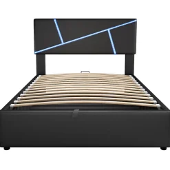 Lit 90x200 cm tête rembourrée LED contrôlable, rangement hydraulique, PU noir, sommier 13 lattes