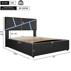 Lit 90x200 cm tête rembourrée LED contrôlable, rangement hydraulique, PU noir, sommier 13 lattes