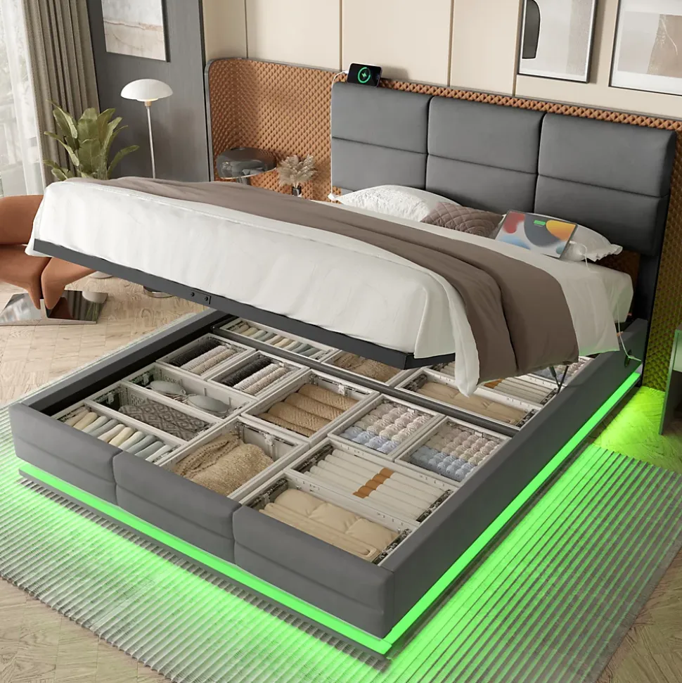 Lit 140x200 cm velours gris foncé, tête de lit réglable 3 positions et grand coffre hydraulique intégré