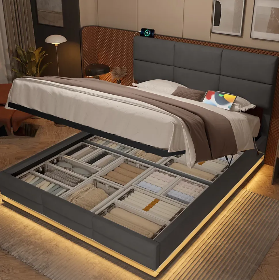 Lit 140x200 cm velours gris foncé, tête de lit réglable 3 positions et grand coffre hydraulique intégré