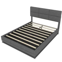 Lit 140x200 cm velours gris foncé, tête de lit réglable 3 positions et grand coffre hydraulique intégré