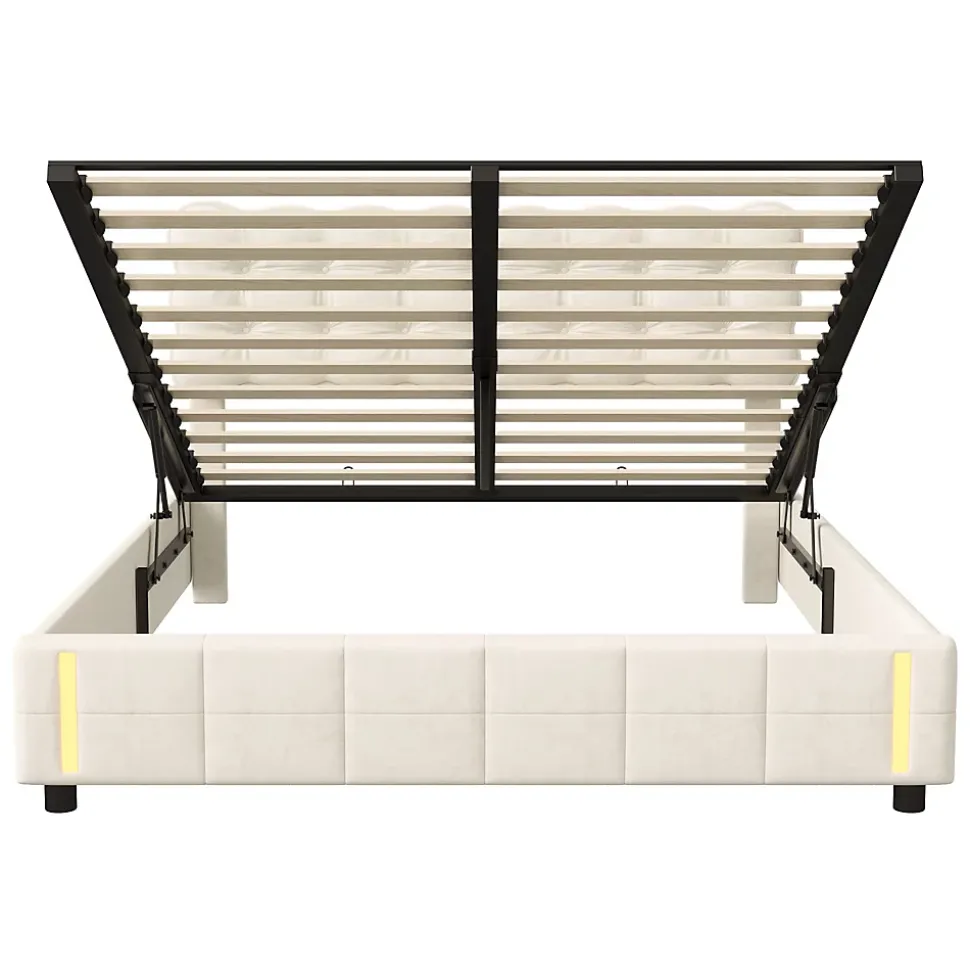 Lit 140x200 cm, velours, tête capitonnée, hydraulique, LED, rangement, sommier à lattes