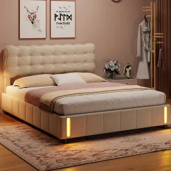 Lit 140x200 cm, velours, tête capitonnée, hydraulique, LED, rangement, sommier à lattes