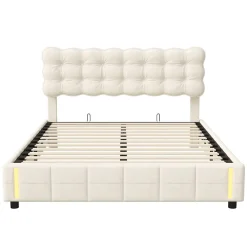 Lit 140x200 cm, velours, tête capitonnée, hydraulique, LED, rangement, sommier à lattes