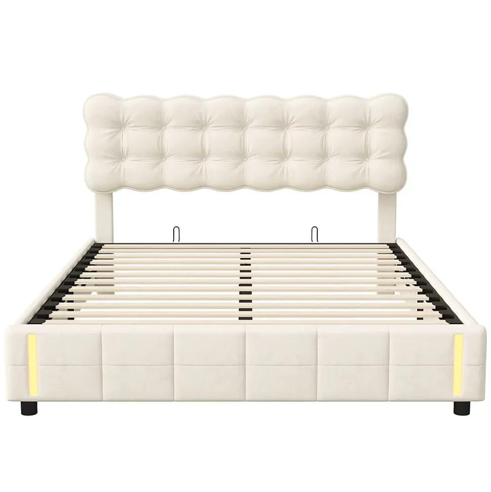 Lit 140x200 cm, velours, tête capitonnée, hydraulique, LED, rangement, sommier à lattes